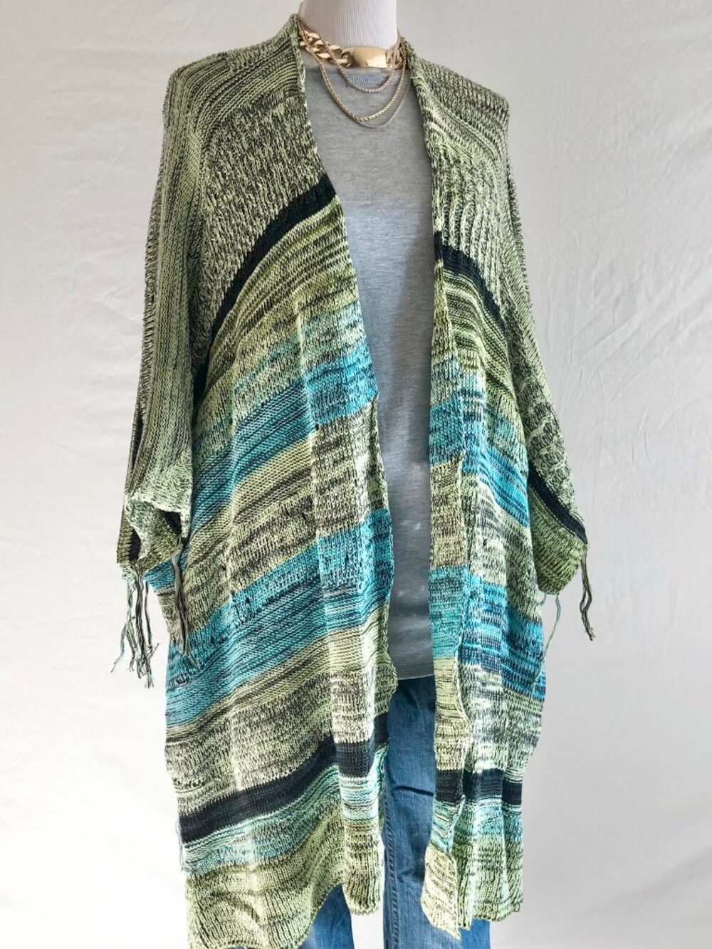 Goddis "Bullito Poolside" Sweater Knit Fringe Caftan Kimono Size S/M